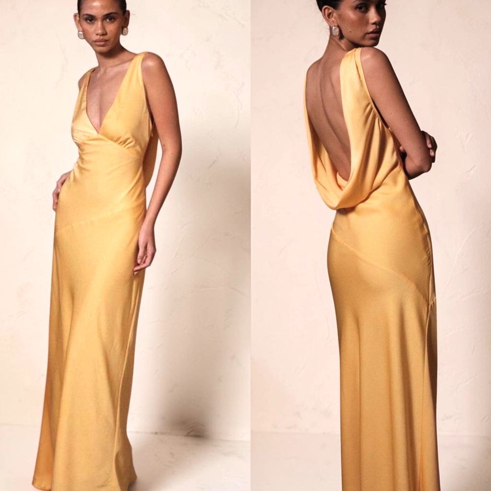 New NWT Meshki Yellow Nadia Satin Cowl Back Deep V Elegant Glam Maxi Dress - S